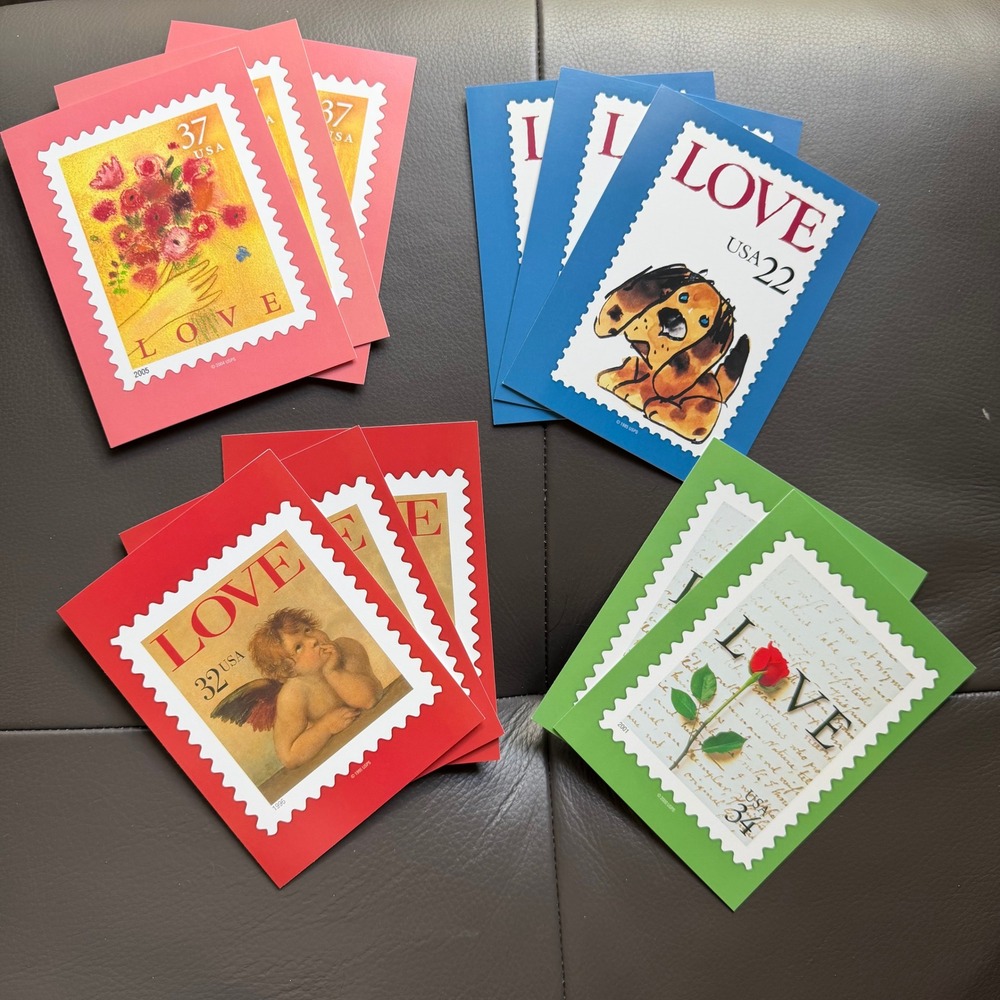 Vtg USPS Love Stamp Greeting Cards LOT of 11 USA Made Cherub Rose Puppy Bouquet